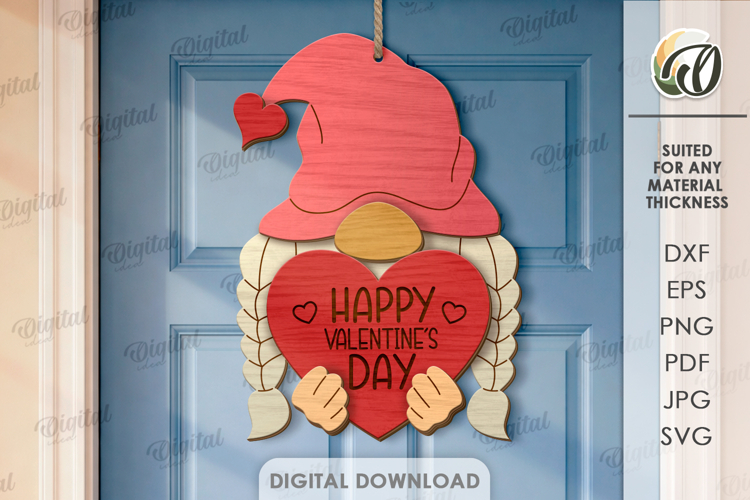 3D Valentines Day Door Hanger Lasercut. Valentine Gnome SVG