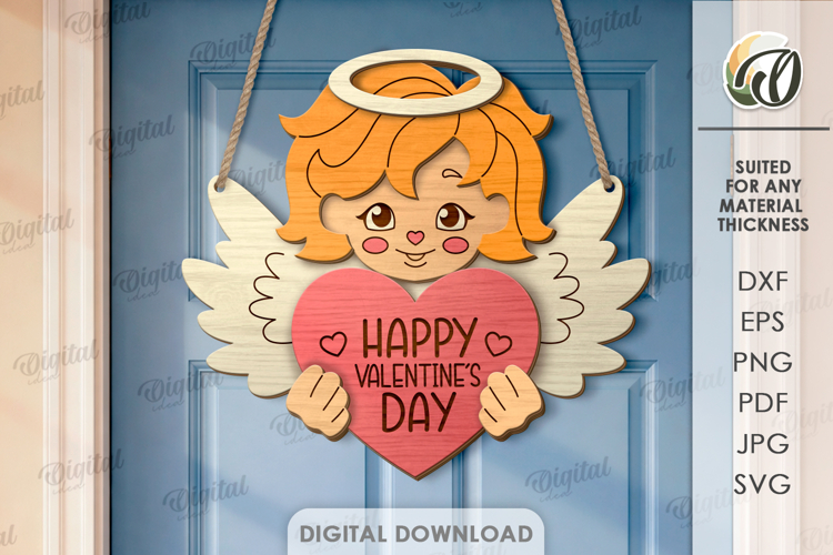 3D Valentines Day Door Hanger Laser Cut. Angel SVG