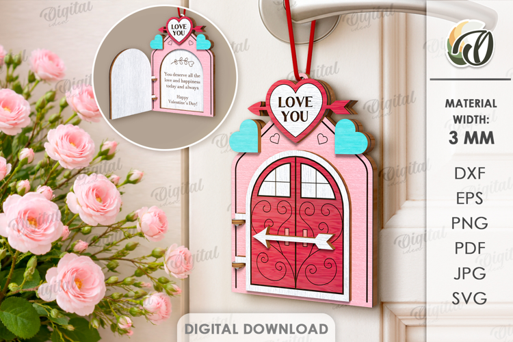 Valentine's Day Door Tag Laser Cut. Door Knob Hanger SVG