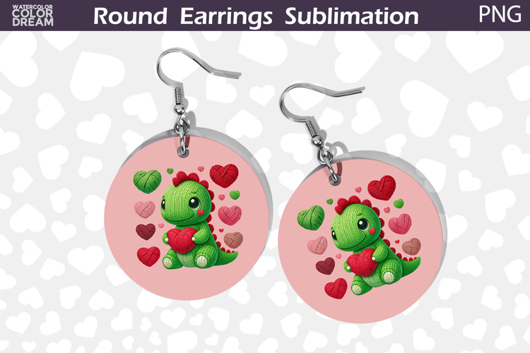 Cute Dino Heart Round Earrings | Dinosaur Valentine Earrings