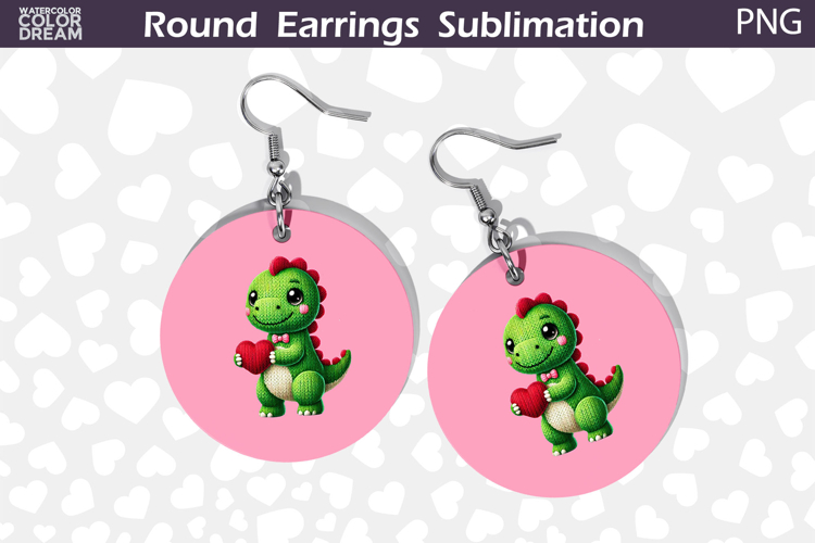 Cute Dino Heart Round Earrings | Dinosaur Valentine Earrings