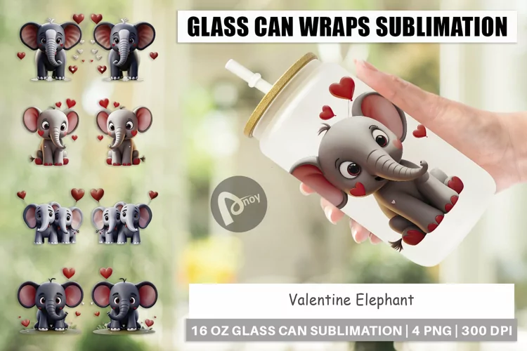 Glass Can Wraps Valentine Elephant