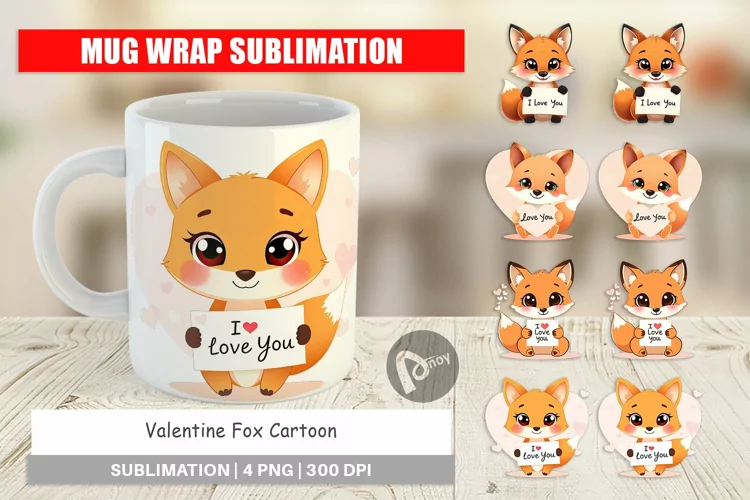 Mug Wrap Design Valentine Fox Cartoon