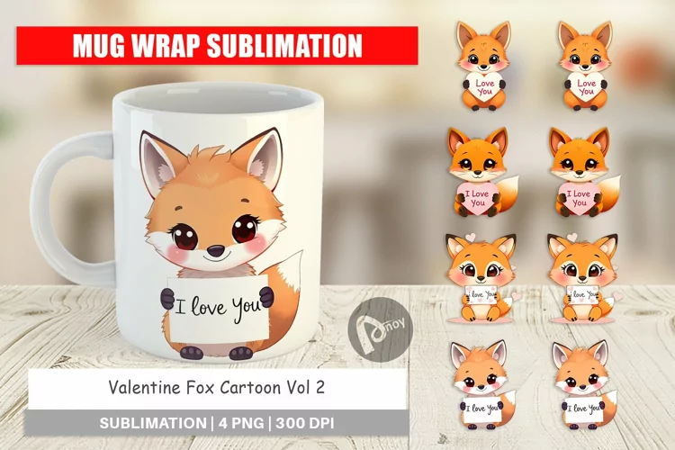 Mug Wrap Design Valentine Fox Cartoon