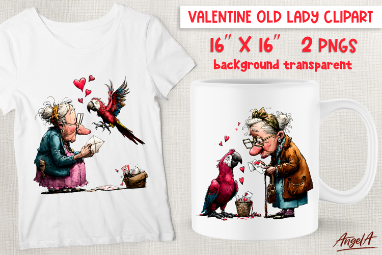Single Valentine clipart Elderly lady in love with parrot