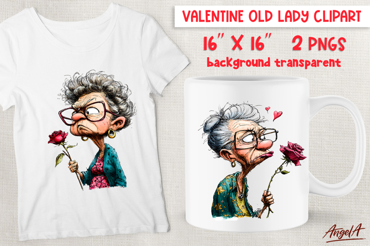 Single Valentine clipart Sad old lady with a rose Sarcastic