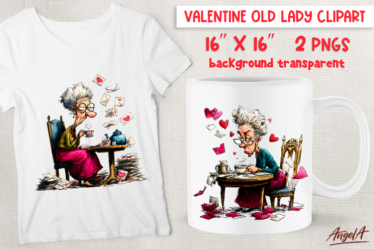 Single Valentine clipart elderly lady with letters PNG