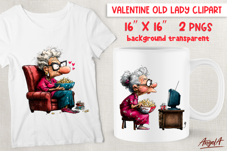Single Valentine clipart elderly lady watching TV, popcorn