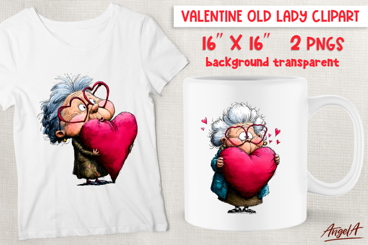 Single Valentine clipart Funny Old lady with a big heart PNG