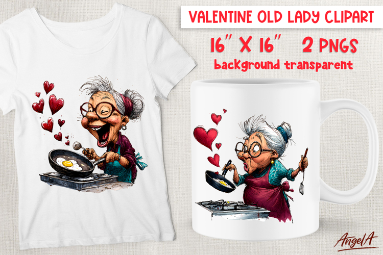 Single Valentine clipart Happy Elderly lady cooking PNG