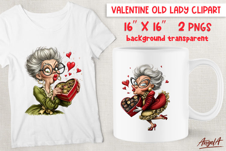 Single Valentine clipart Happy Elderly lady with chocolate