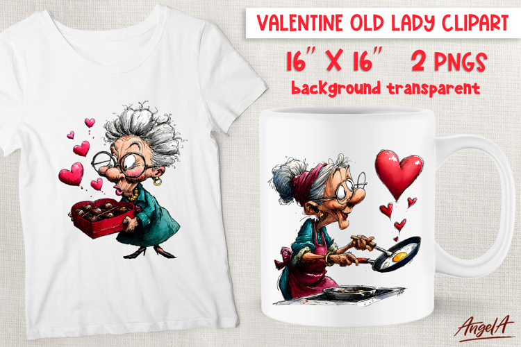 Single Valentine clipart Happy Elderly lady cooking PNG