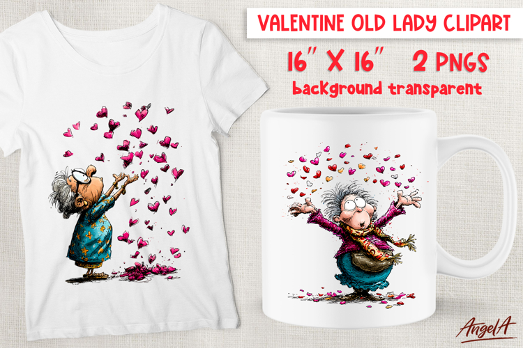 Single Valentine clipart Funny Old lady with hearts PNG