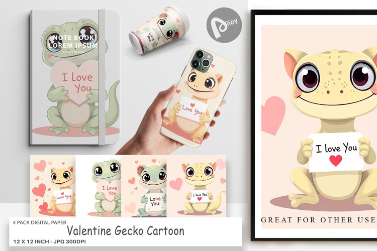 Digital Paper Valentine Gecko Cartoon