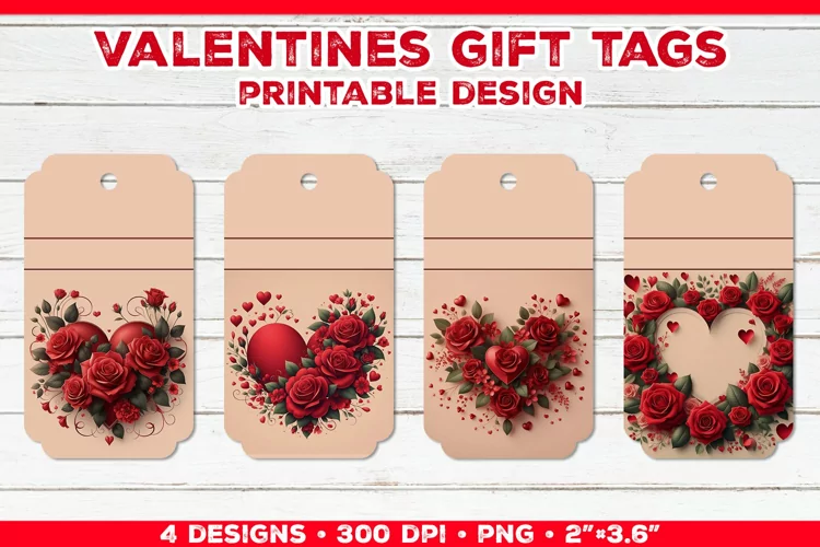 Valentine's Gift Tags Printable Design with Red Rose Bouquet