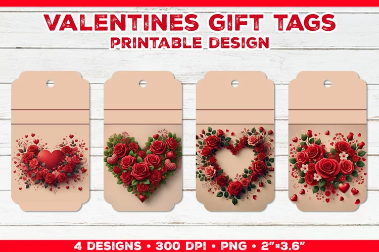 Valentine's Gift Tags Printable Design with Red Rose Bouquet