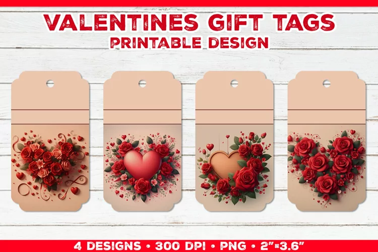 Valentine's Gift Tags Printable Design with Red Rose Bouquet