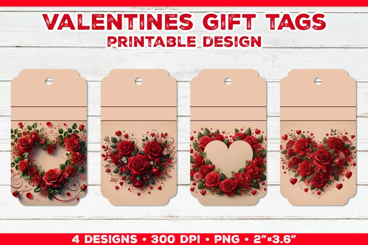 Valentine's Gift Tags Printable Design with Red Rose Bouquet