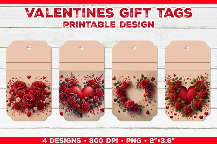 Valentine's Gift Tags Printable Design with Red Rose Bouquet