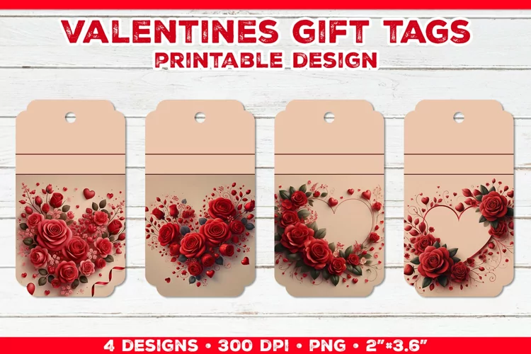 Valentine's Gift Tags Printable Design with Red Rose Bouquet