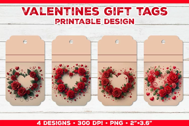 Valentine's Gift Tags Printable Design with Red Rose Bouquet