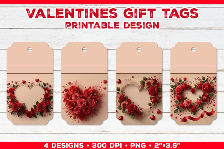 Valentines Gift Tags Printable Design with Red Rose Bouquet