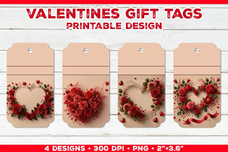 Valentine's Gift Tags Printable Design with Red Rose Bouquet
