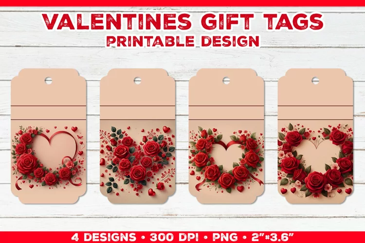 Valentine's Gift Tags Printable Design with Red Rose Bouquet