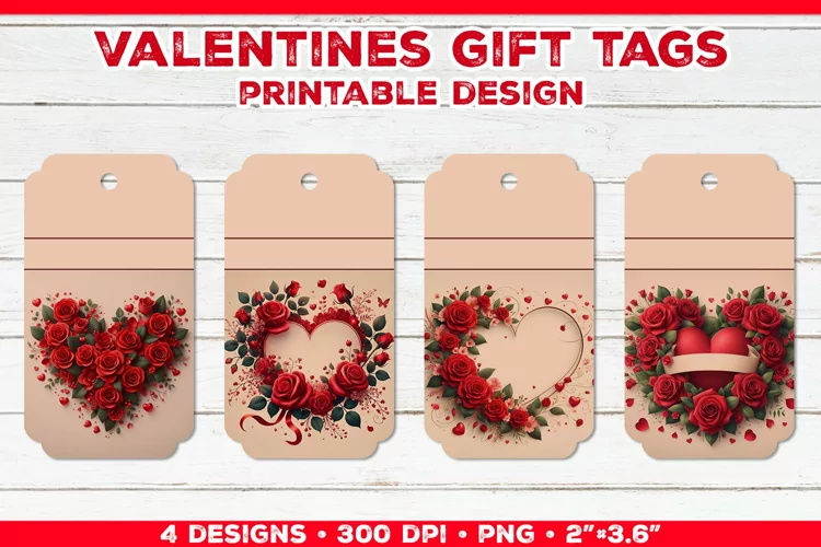 Valentine's Gift Tags Printable Design with Red Rose Bouquet