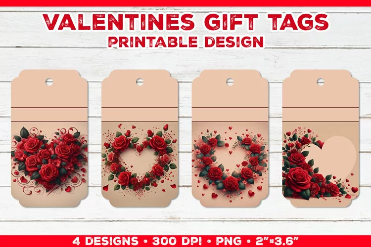 Valentine's Gift Tags Printable Design with Red Rose Bouquet