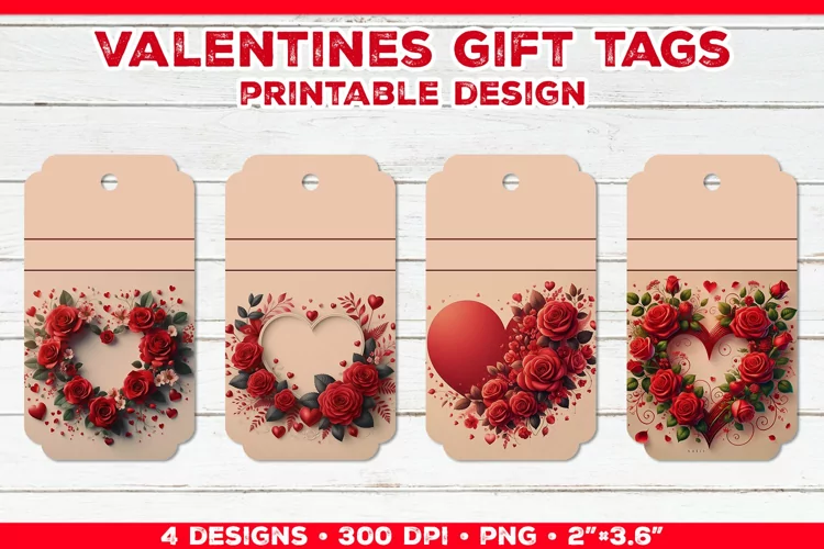 Valentine's Gift Tags Printable Design with Red Rose Bouquet