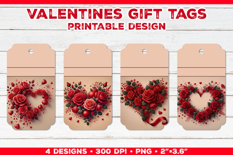 Valentines Gift Tags Printable Design with Red Rose Bouquet