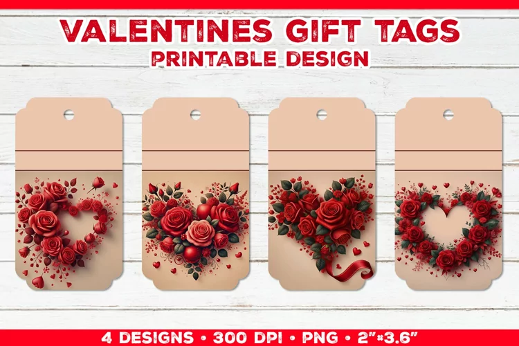Valentine's Gift Tags Printable Design with Red Rose Bouquet