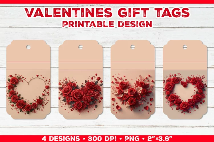 Valentine's Gift Tags Printable Design with Red Rose Bouquet