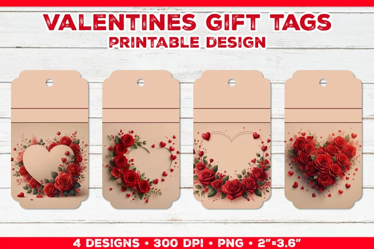 Valentine's Gift Tags Printable Design with Red Rose Bouquet