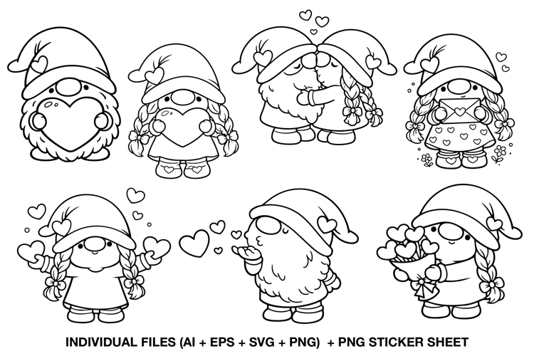 Valentine Gnome Coloring Clipart Set, Cute Line Art PNG