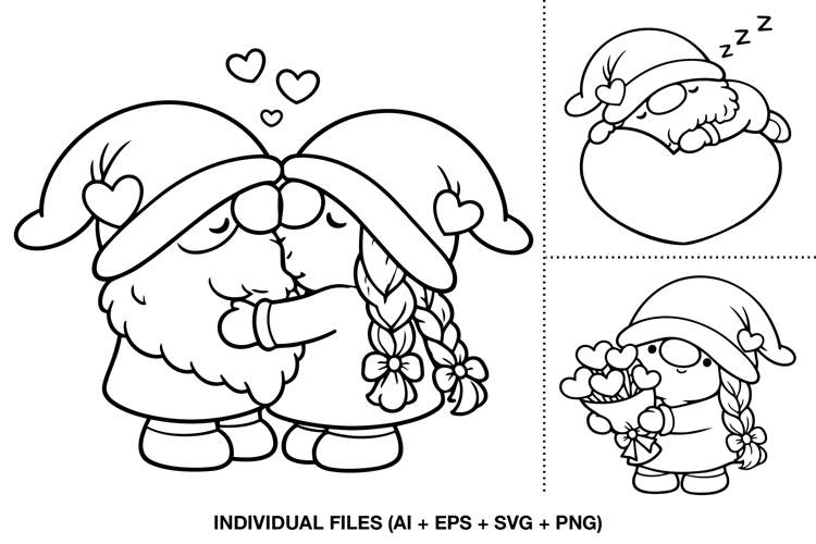 Valentine Gnomes SVG, Cute Love Gnomes Line Art Clipart