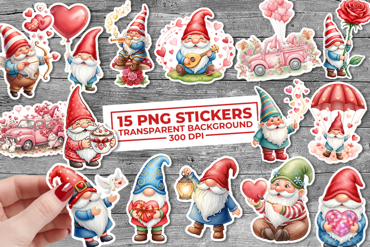 Valentine Gnome PNG Stickers Bundle