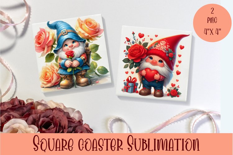 Valentines Gnome. Cute Gnome Square Coaster Design