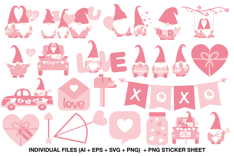 Valentine gnomes clipart bundle with pink love themed graphics for crafting projects