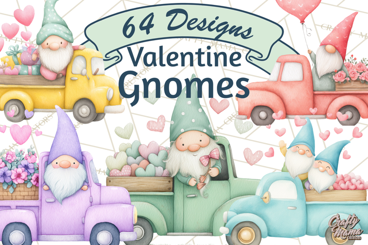 Valentine Gnome Clipart, Vintage Truck PNG, Pastel Hearts