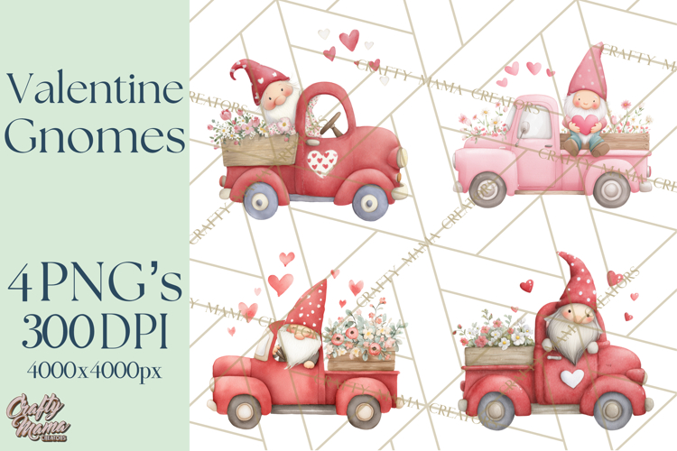 Valentine Gnome Clipart, Vintage Truck PNG, Pastel Hearts