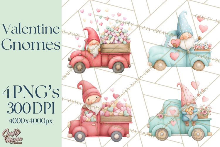 Valentine Gnome Clipart, Vintage Truck PNG, Pastel Hearts