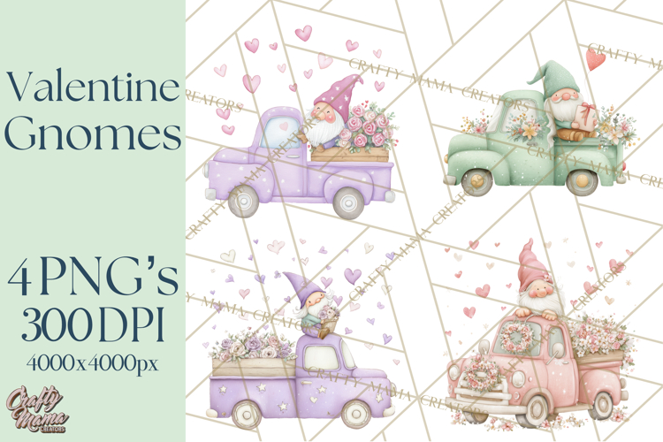 Valentine Gnome Clipart, Vintage Truck PNG, Pastel Hearts