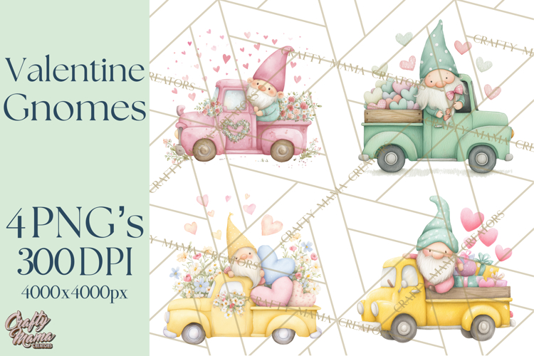 Valentine Gnome Clipart, Vintage Truck PNG, Pastel Hearts