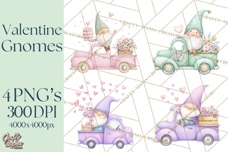Valentine Gnome Clipart, Vintage Truck PNG, Pastel Hearts