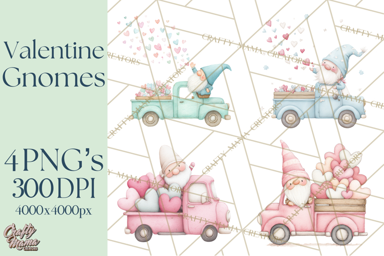 Valentine Gnome Clipart, Vintage Truck PNG, Pastel Hearts