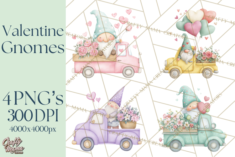 Valentine Gnome Clipart, Vintage Truck PNG, Pastel Hearts