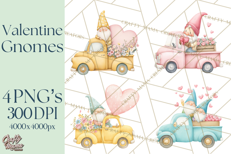 Valentine Gnome Clipart, Vintage Truck PNG, Pastel Hearts