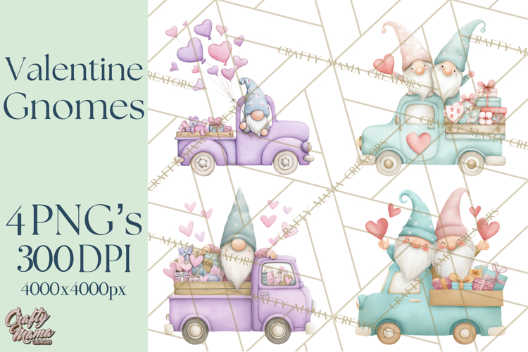 Valentine Gnome Clipart, Vintage Truck PNG, Pastel Hearts